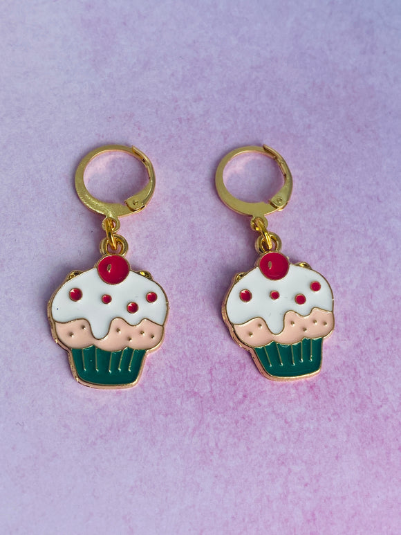 24K Gold Plated Snuggle Hoop Earrings with Cup Cake Charms