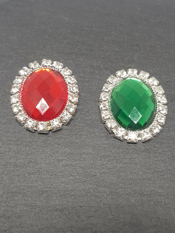 Oval Resin Rhinestone Cabochons Green or Red