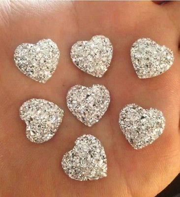 Silver Heart Cabochons, Glitter Hearts, Wedding,
