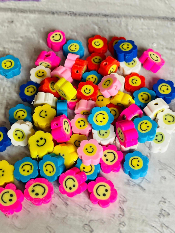  Polymer Clay Flower Beads, Smiley Beads,