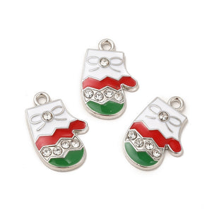 Silver Rhinestone Enamel Christmas Mitten Charm