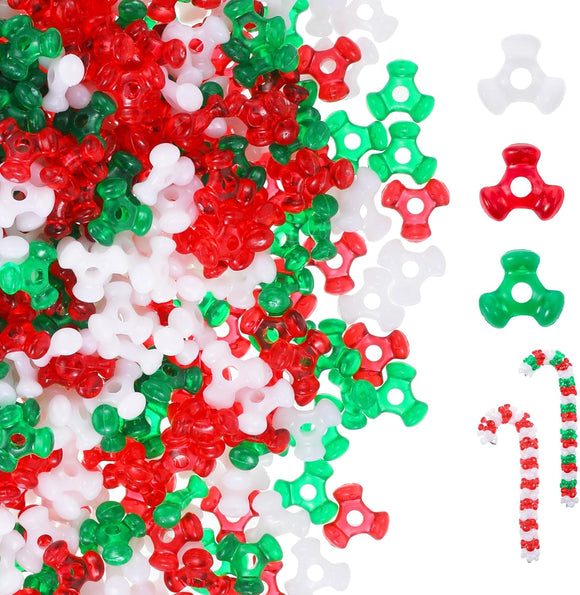 Acrylic Tri Beads 10mm Red, White and Green