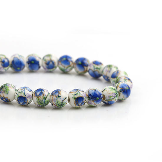 Ceramic 9mm Blue Flower Beads