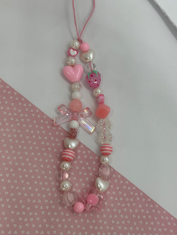 Phone or Bag Charm - Beaded Bow, Strawberry and Hearts