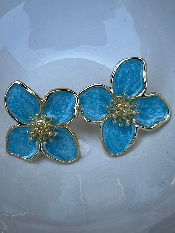 Gold Blue Enamel Flower Stud Earrings – 2.5cm