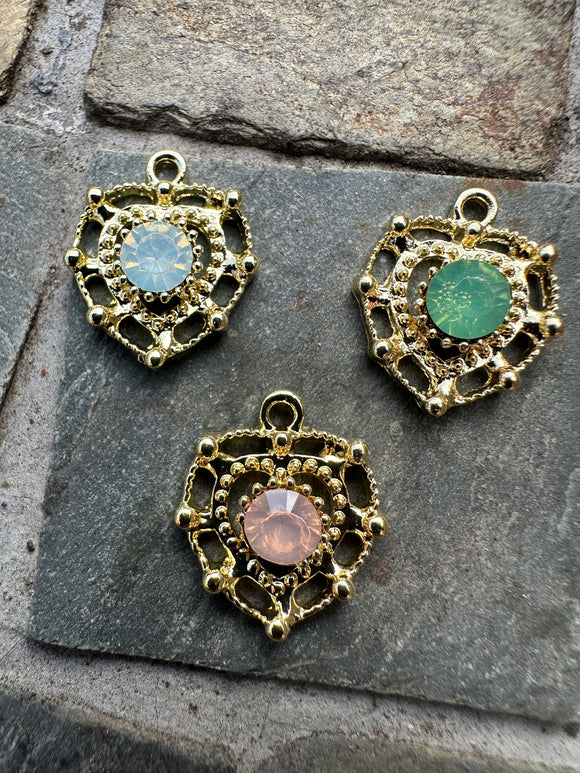 Gold Plated Heart Charms with Rhinestone Centres