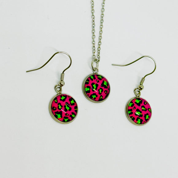Handmade Pink and Green Leopard Print Earring and Necklace