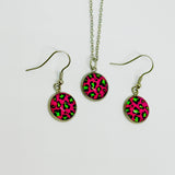 Handmade Pink and Green Leopard Print Earring and Necklace