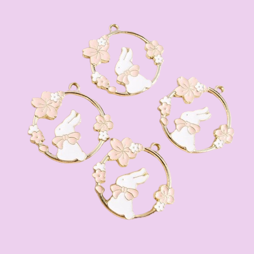 Gold Plated Enamel White Rabbit and Pink Flower Pendants