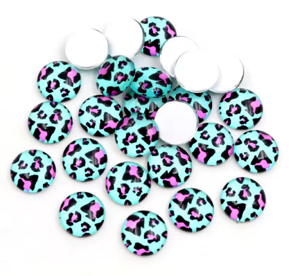 Pair of Blue and Pink Animal Print 10mm and 12mm Glass Cabochon