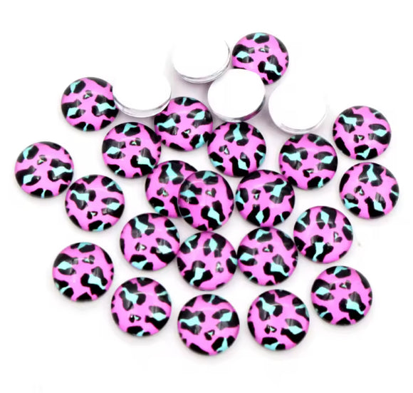 Pair of Pink and Blue Animal Print 12mm Glass Cabochon