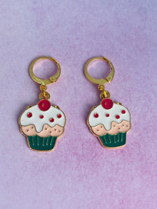 24K Gold Plated Snuggle Hoop Earrings with Cup Cake Charms