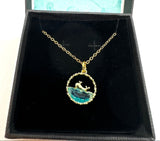 Handmade Gold Whale Pendant Necklace with Blue Crystal Wave