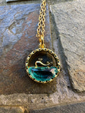 Handmade Gold Whale Pendant Necklace with Blue Crystal Wave
