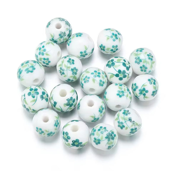 Ceramic Green Floral Beads 10mm