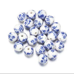 Ceramic Blue Floral Beads 10mm