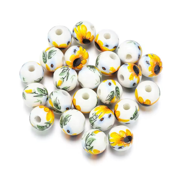 Ceramic Yellow Floral Beads 10mm