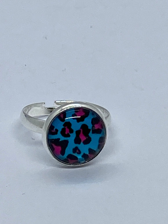 Blue and Pink Leopard Print Cabochon Ring