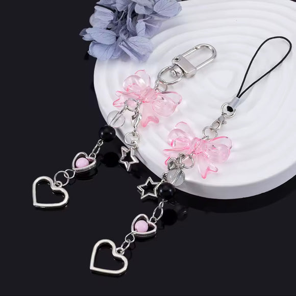Phone or Bag Charm - Beaded Bow, Star and Hearts