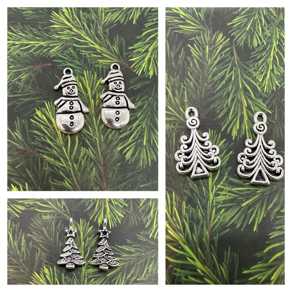 Silver Christmas Tree Charms and  Snowmen Charms