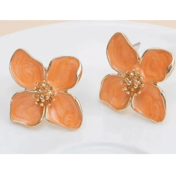 Gold Orange Enamel Flower Stud Earrings – 2.5cm