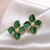 Gold Green Enamel Flower Stud Earrings – 2.5cm