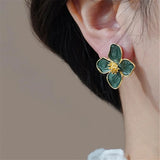 Gold Green Enamel Flower Stud Earrings – 2.5cm