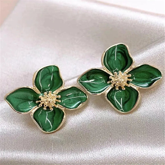 Gold Green Enamel Flower Stud Earrings – 2.5cm