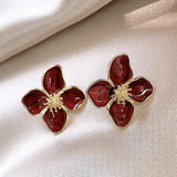 Gold Red Enamel Flower Stud Earrings – 2.5cm