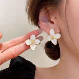 Gold Beige Enamel Flower Stud Earrings – 2.5cm