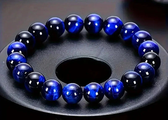Blue Tiger’s Eye Beaded Bracelet with Velvet Pouch