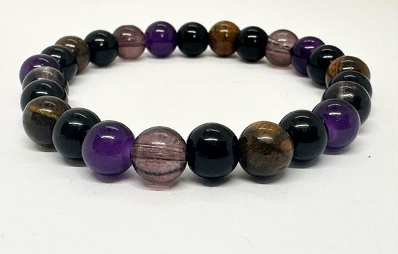 Handmade Amethyst, Obsidian, Tiger’s Eye & Smokey Quartz Protection Bracelet