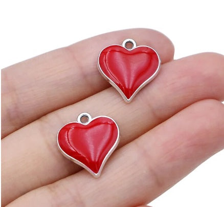 Silver Plated Red Enamel Heart Pendants