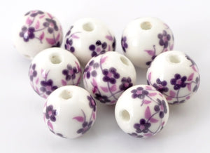 Purple Ceramic Beads, Porcelain Beads, Clay Beads, Floral Beads,