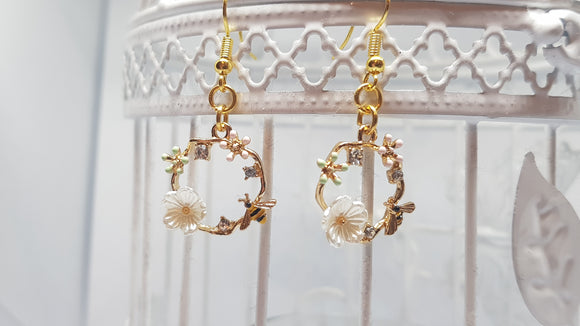 Handmade Bee Floral Gold Hoop Earrings