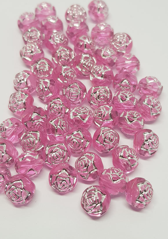 pink and silver 6mm acrylic rose beads