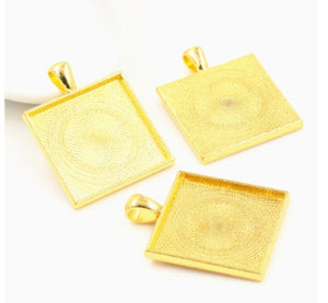 Gold, Silver or Black 25mm Square Cabochon Pendant Settings