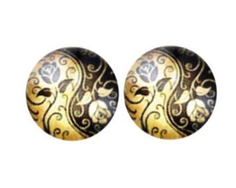 12mm Gold and Black Floral Glass Cabochons