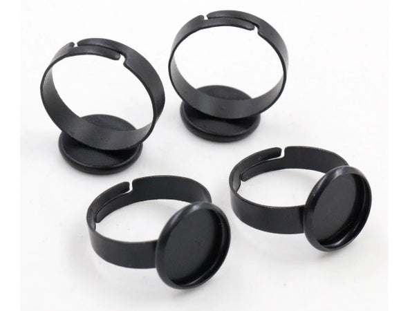 Black Solid Band Cabochon Ring Blank - 12mm and Adjustable