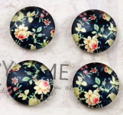 Pair of Black Floral Glass Cabochon, 12mm