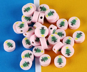 Pink Polymer Clay Christmas Tree Beads 10mm
