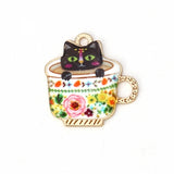 Gold Plated Enamel Cat in a Teacup Charms  