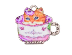 Silver Plated Enamel Cat Charms 23mm