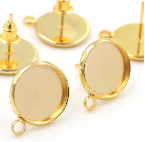 10mm or 12mm Cabochon Earring Studs with loop in Gold