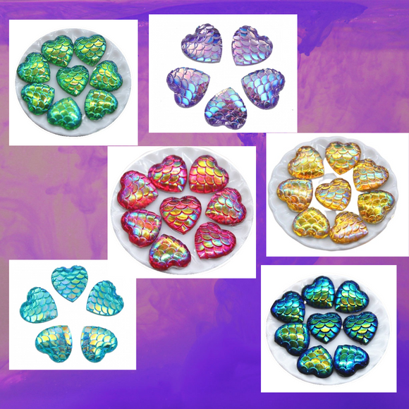 Dragon or Mermaid Scale 12mm Resin Heart Cabochons