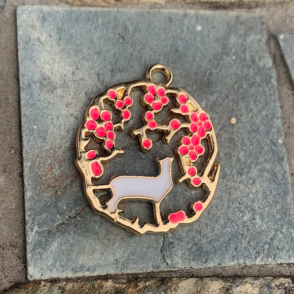 Gold Plated  Cat and Pink Blossom Garland Charms