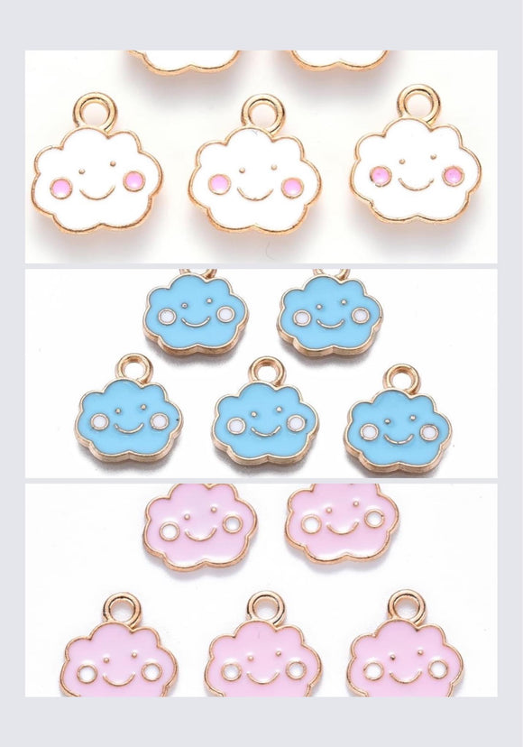 Gold Enamel Smiley Cloud Charms in Pink, Blue and White