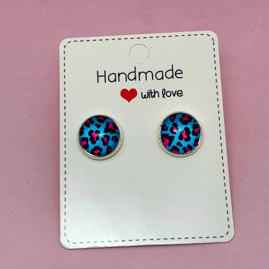 Blue and Pink Leopard Print Earring Studs 12mm - FREE POSTAGE