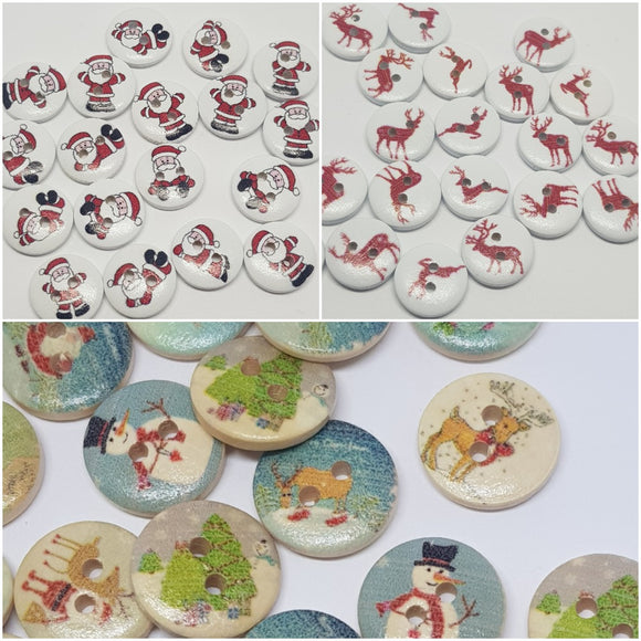 Christmas Themed Wooden Buttons 15mm