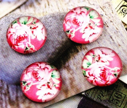 Handmade Pink Floral Glass Cabochon - Size 12mm